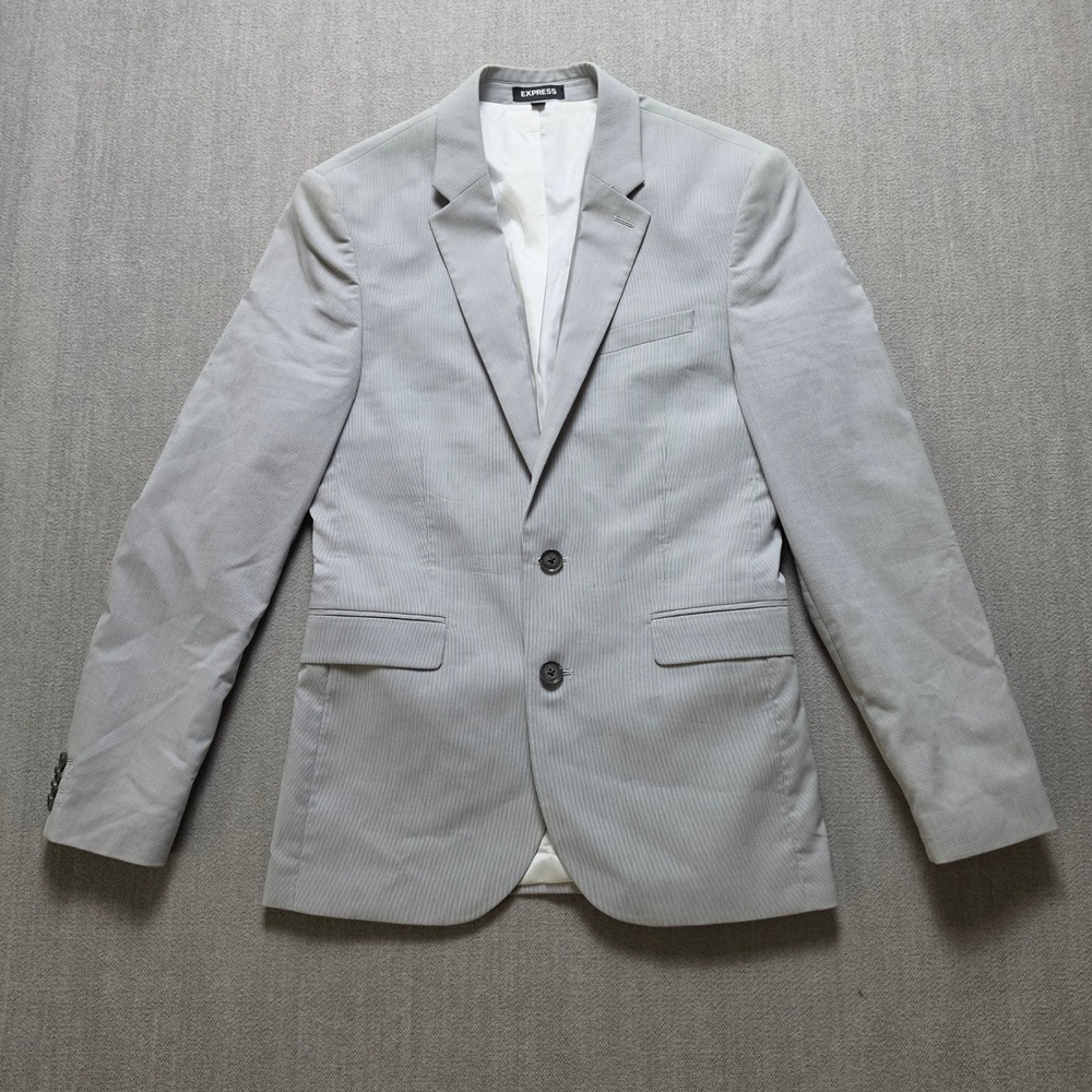 Express Blazer Women Small Grey Pinstripe Two Button Tailored Jacket Extra Slim